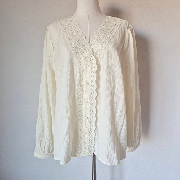 NWoT Madewell Crinkle Eyelet Trim Button-Front Blouse Cotton Ivory NG899 - Picture 1 of 14
